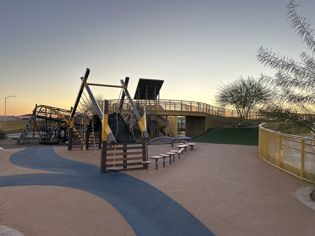 Miner's Run Adventure Playground at Painted Sky Park in Blossom Rock at sunset